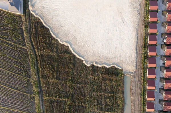 Land, field and soil backfill in aerial view. Include landscape, home house building, empty or vacant area. Real estate or property for development, construction, sale, buy in Chiang Mai of Thailand.