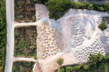 Land, field and soil backfill in aerial view. Include landscape, empty or vacant area. Real estate or property for plot, subdivision, development, construction, sale or buy in Chiang Mai of Thailand.