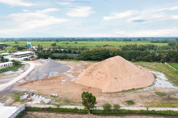 Pile Sand Rock Gravel Concrete Plant Sky Background Aerial View — Stock Photo, Image