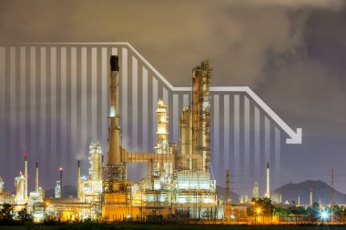 Oil gas refinery or petrochemical plant. Include arrow, graph or bar chart. Decrease trend or low of production, market price, demand, supply. Concept of business, industry, fuel, power energy.