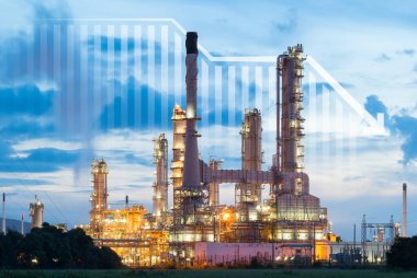 Oil gas refinery or petrochemical plant. Include arrow, graph or bar chart. Decrease trend or low of production, market price, demand, supply. Concept of business, industry, fuel, power energy.