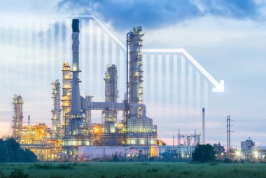 Oil gas refinery or petrochemical plant. Include arrow, graph or bar chart. Decrease trend or low of production, market price, demand, supply. Concept of business, industry, fuel, power energy.