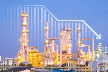 Oil gas refinery or petrochemical plant. Include arrow, graph or bar chart. Decrease trend or low of production, market price, demand, supply. Concept of business, industry, fuel, power energy.