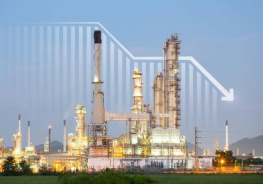 Oil gas refinery or petrochemical plant. Include arrow, graph or bar chart. Decrease trend or low of production, market price, demand, supply. Concept of business, industry, fuel, power energy.