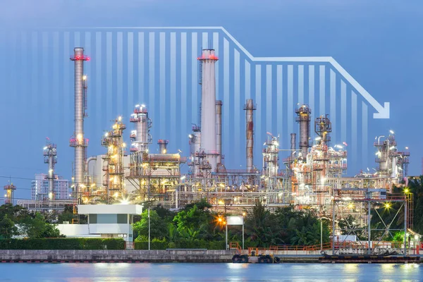 Oil gas refinery or petrochemical plant. Include arrow, graph or bar chart. Decrease trend or low of production, market price, demand, supply. Concept of business, industry, fuel, power energy.