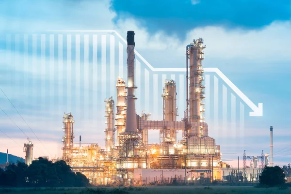 Oil gas refinery or petrochemical plant. Include arrow, graph or bar chart. Decrease trend or low of production, market price, demand, supply. Concept of business, industry, fuel, power energy.