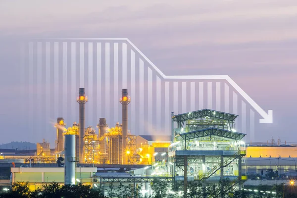 Power plant, gas fired power station. Include decreasing chart, graph. Industrial factory may called combined cycle gas turbine plant. Concept for low, loss, drop in electricity energy generation.