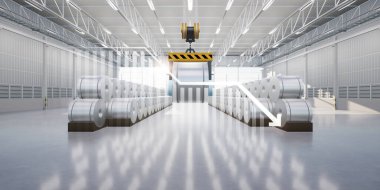 3d rendering of roll steel, stainless or galvanized steel coil inside factory, store or warehouse. Include overhead crane, decrease bar chart or graph. Concept of low profit, steel price and trend.