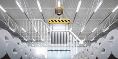 3d rendering of roll steel, stainless or galvanized steel coil inside factory, store or warehouse. Include overhead crane, decrease bar chart or graph. Concept of low profit, steel price and trend.