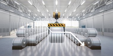 3d rendering of roll steel, stainless or galvanized steel coil inside factory, store or warehouse. Include overhead crane, decrease bar chart or graph. Concept of low profit, steel price and trend.