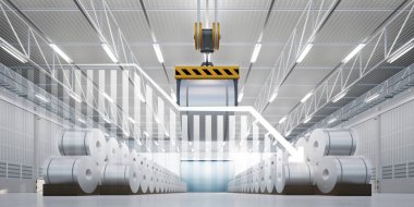 3d rendering of roll steel, stainless or galvanized steel coil inside factory, store or warehouse. Include overhead crane, decrease bar chart or graph. Concept of low profit, steel price and trend.