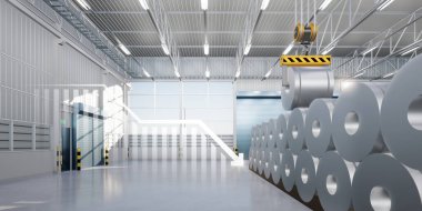 3d rendering of roll steel, stainless or galvanized steel coil inside factory, store or warehouse. Include overhead crane, decrease bar chart or graph. Concept of low profit, steel price and trend.