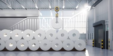 3D rulo çelik, paslanmaz veya galvanize çelik bobin fabrika, depo veya depo içinde. Yukarıdaki vinç dahil, çubuk grafiğini veya grafiğini büyüt. Büyüme karı, çelik fiyatı ve eğilim kavramı.
