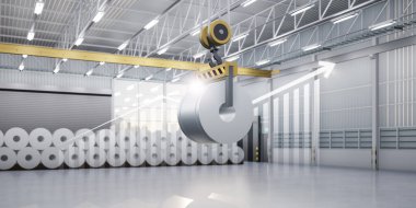 3D rulo çelik, paslanmaz veya galvanize çelik bobin fabrika, depo veya depo içinde. Yukarıdaki vinç dahil, çubuk grafiğini veya grafiğini büyüt. Büyüme karı, çelik fiyatı ve eğilim kavramı.