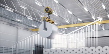 3D rulo çelik, paslanmaz veya galvanize çelik bobin fabrika, depo veya depo içinde. Yukarıdaki vinç dahil, çubuk grafiğini veya grafiğini büyüt. Büyüme karı, çelik fiyatı ve eğilim kavramı.