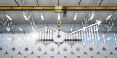3D rulo çelik, paslanmaz veya galvanize çelik bobin fabrika, depo veya depo içinde. Yukarıdaki vinç dahil, çubuk grafiğini veya grafiğini büyüt. Büyüme karı, çelik fiyatı ve eğilim kavramı.