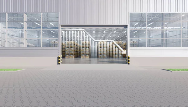 stock image 3d rendering of warehouse or distribution center with decrease graph. Storage and shipping system with box package on shelf, paver block brick floor at outdoor. Concept for reduce, lower, down or loss