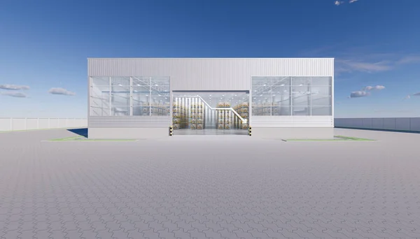 3d rendering of warehouse or distribution center with decrease graph. Storage and shipping system with box package on shelf, paver block brick floor at outdoor. Concept for reduce, lower, down or loss