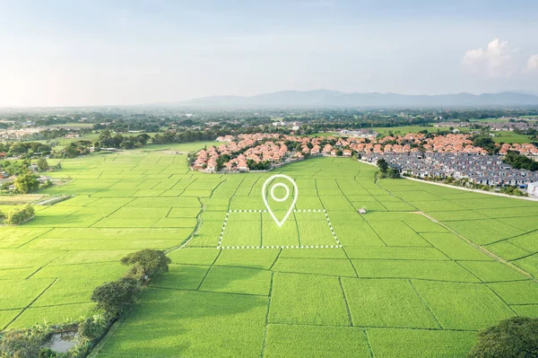 stock image Land plot in aerial view. Identify registration symbol of vacant area for map. Real estate or property for business of home, house or residential i.e. development, sale, rent, buy or purchase.