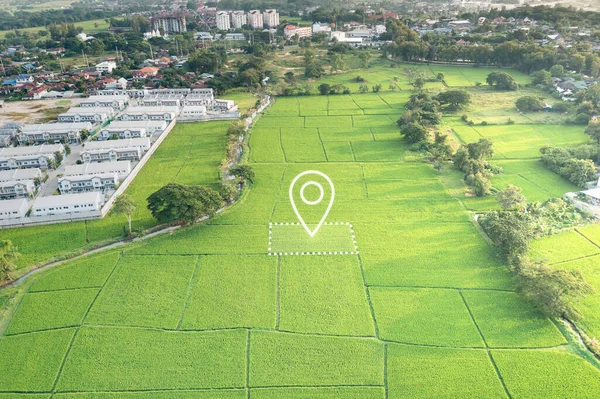 Land plot in aerial view. Identify registration symbol of vacant area for map. Real estate or property for business of home, house or residential i.e. development, sale, rent, buy or purchase.