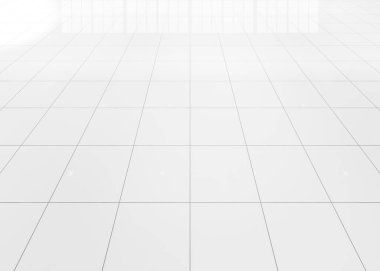 Perspektif olarak kare desenli beyaz fayans tabanı. Seramik yüzey pırıl pırıl. Banyo, mutfak ve çamaşır odası için modern iç mimari tasarımı. Arkaplan için boş boşluk
