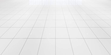 Perspektif olarak kare desenli beyaz fayans tabanı. Seramik yüzey pırıl pırıl. Banyo, mutfak ve çamaşır odası için modern iç mimari tasarımı. Arkaplan için boş boşluk