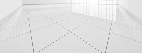 三维渲染接近白色瓷砖地板的透视 空间空旷的房间 窗户和灯光 现代室内设计看起来干净 背景为纹理图案 — 图库照片
