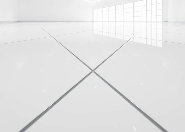 Rendering Lantai Ubin Putih Tertutup Dalam Tampilan Perspektif Ruang Kosong — Stok Foto