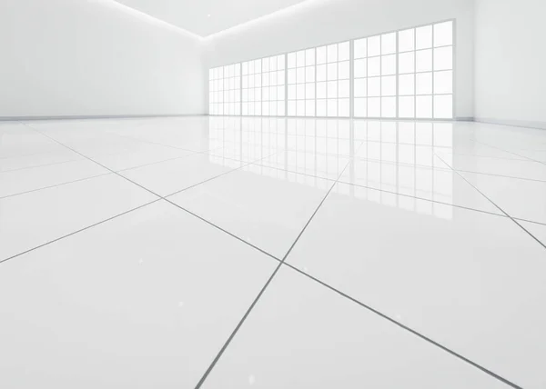 stock image 3d rendering of close up white tile floor in perspective view, empty space in room, window and light. Modern interior home design look clean, bright, shiny surface with texture pattern for background.