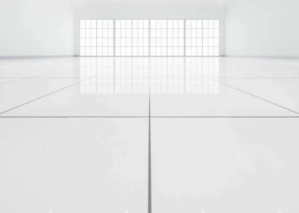 パースペクティブビューで白いタイルの床を閉じるの3Dレンダリング 窓や光の空のスペース 現代的なインテリアデザインは 背景のためのテクスチャパターンを持つ清潔で明るく光沢のある表面に見えます — ストック写真
