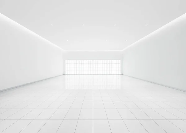 Візуалізація Білого Порожнього Простору Кімнаті Керамічна Плитка Підлоги Перспективі Вікно — стокове фото