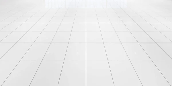 白色瓷砖地板与格栅线的正方形纹理图案的透视 陶瓷表面洁白光亮 用于浴室 厨房和洗衣房的现代室内设计 空的背景空间 — 图库照片