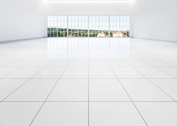 Weergave Van Witte Lege Ruimte Kamer Keramische Tegelvloer Perspectief Raam — Stockfoto
