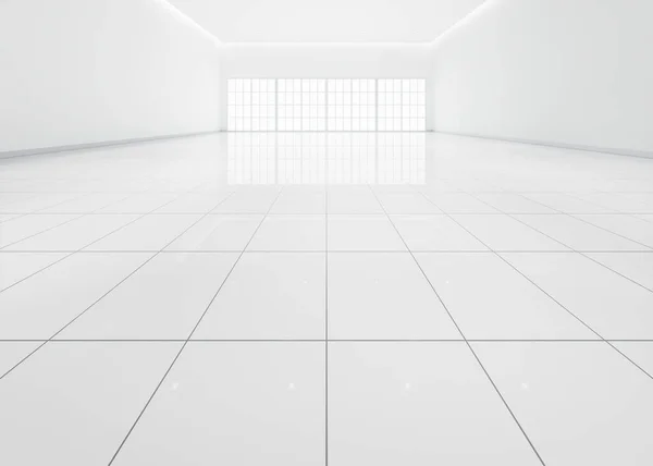 Renderowania Białej Pustej Przestrzeni Pokoju Ceramiczne Podłogi Płytek Perspektywie Okna — Zdjęcie stockowe