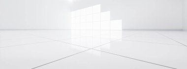 3d rendering of close up white tile floor in perspective view, empty space in room, window and light. Modern interior home design look clean, bright, shiny surface with texture pattern for background. clipart