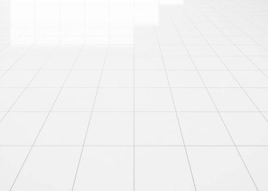 Perspektif olarak kare desenli şebeke çizgisi olan beyaz fayans zemininin 3 boyutlu görüntüsü. Temiz, parlak bir yüzey. Banyo, mutfak ve çamaşır odası için ev tasarımı. Arkaplan için boş boşluk.
