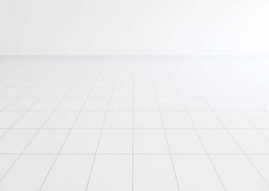 Perspektif olarak kare desenli şebeke çizgisi olan beyaz fayans zemininin 3 boyutlu görüntüsü. Temiz, parlak bir yüzey. Banyo, mutfak ve çamaşır odası için ev tasarımı. Arkaplan için boş boşluk.