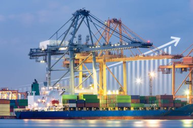 Cargo ship, cargo container work with crane at dock, port or harbour. Freight transport with up arrow, increase graph or bar chart. Concept for export, growth market, trade, profit, demand and supply.