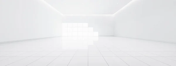 Візуалізація Порожнього Простору Кімнаті Складається Білої Плитки Підлоги Перспективі Вікна — стокове фото
