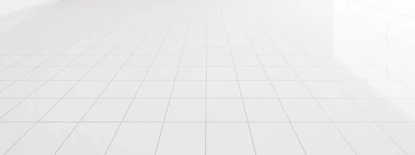 正方形のテクスチャパターンのグリッドラインと白いタイルの床の3Dレンダリングの視点 きれいな光沢のある表面 バスルーム キッチン ランドリールームのインテリアデザイン 背景のための空のスペース — ストック写真