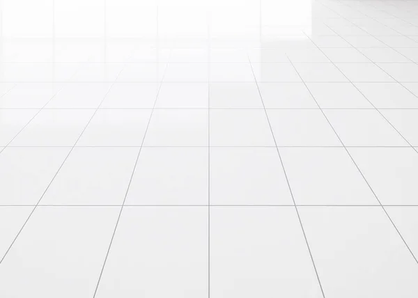 三维绘制的白色瓷砖地板与网格线的正方形纹理模式的观点 干净闪亮的表面 厨房和洗衣房的室内设计 空的背景空间 — 图库照片