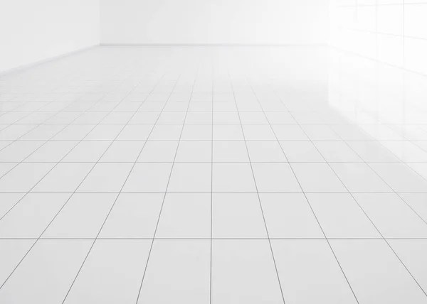 正方形のテクスチャパターンのグリッドラインと白いタイルの床の3Dレンダリングの視点 きれいな光沢のある表面 バスルーム キッチン ランドリールームのインテリアデザイン 背景のための空のスペース — ストック写真