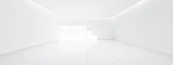 Vykreslování Prázdného Prostoru Místnosti Skládá Bílé Dlaždice Podlahy Perspektivě Okna — Stock fotografie