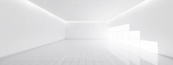 Візуалізація Порожнього Простору Кімнаті Складається Білої Плитки Підлоги Перспективі Вікна — стокове фото