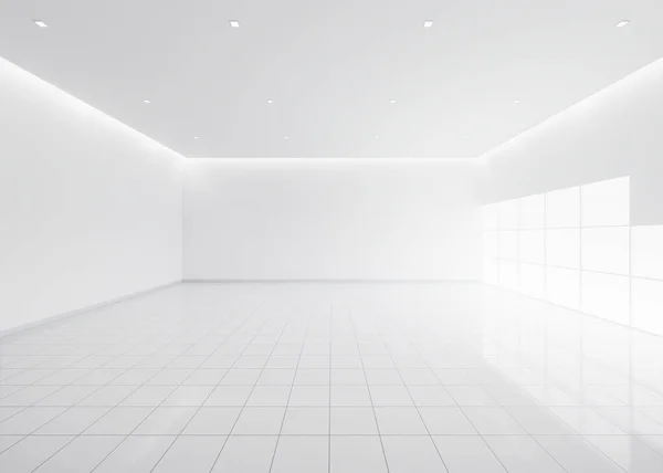 部屋の空の空間の3Dレンダリングは 遠近法 天井ストリップライトで白いタイルの床で構成されています インテリアデザインは 背景のためのテクスチャパターンを持つ清潔で明るく光沢のある表面に見えます — ストック写真