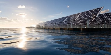 3D yüzen güneş enerjisi, yüzen volkan ya da güneş çiftliği paneldeki, dubadaki ve sudaki fotovoltaik hücreden oluşur. Elektrik ve elektrik üretimi için sistem teknolojisi. Temiz ve yeşil enerji