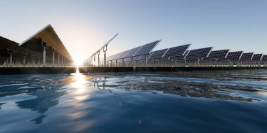 3D yüzen güneş enerjisi, yüzen volkan ya da güneş çiftliği paneldeki, dubadaki ve sudaki fotovoltaik hücreden oluşur. Elektrik ve elektrik üretimi için sistem teknolojisi. Temiz ve yeşil enerji