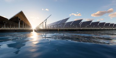 3D yüzen güneş enerjisi, yüzen volkan ya da güneş çiftliği paneldeki, dubadaki ve sudaki fotovoltaik hücreden oluşur. Elektrik ve elektrik üretimi için sistem teknolojisi. Temiz ve yeşil enerji