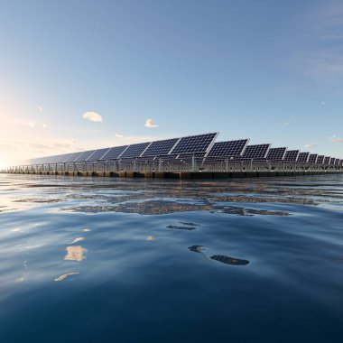 3D yüzen güneş enerjisi, yüzen volkan ya da güneş çiftliği paneldeki, dubadaki ve sudaki fotovoltaik hücreden oluşur. Elektrik ve elektrik üretimi için sistem teknolojisi. Temiz ve yeşil enerji