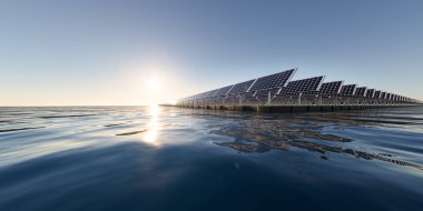 3D yüzen güneş enerjisi, yüzen volkan ya da güneş çiftliği paneldeki, dubadaki ve sudaki fotovoltaik hücreden oluşur. Elektrik ve elektrik üretimi için sistem teknolojisi. Temiz ve yeşil enerji